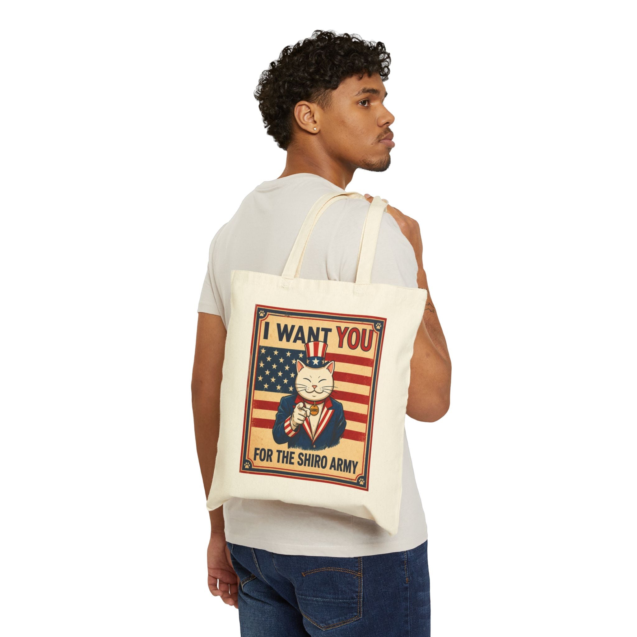 Tote Bag — "I Want You for the Shiro Army" Vintage Patriot Cat Canvas Tote