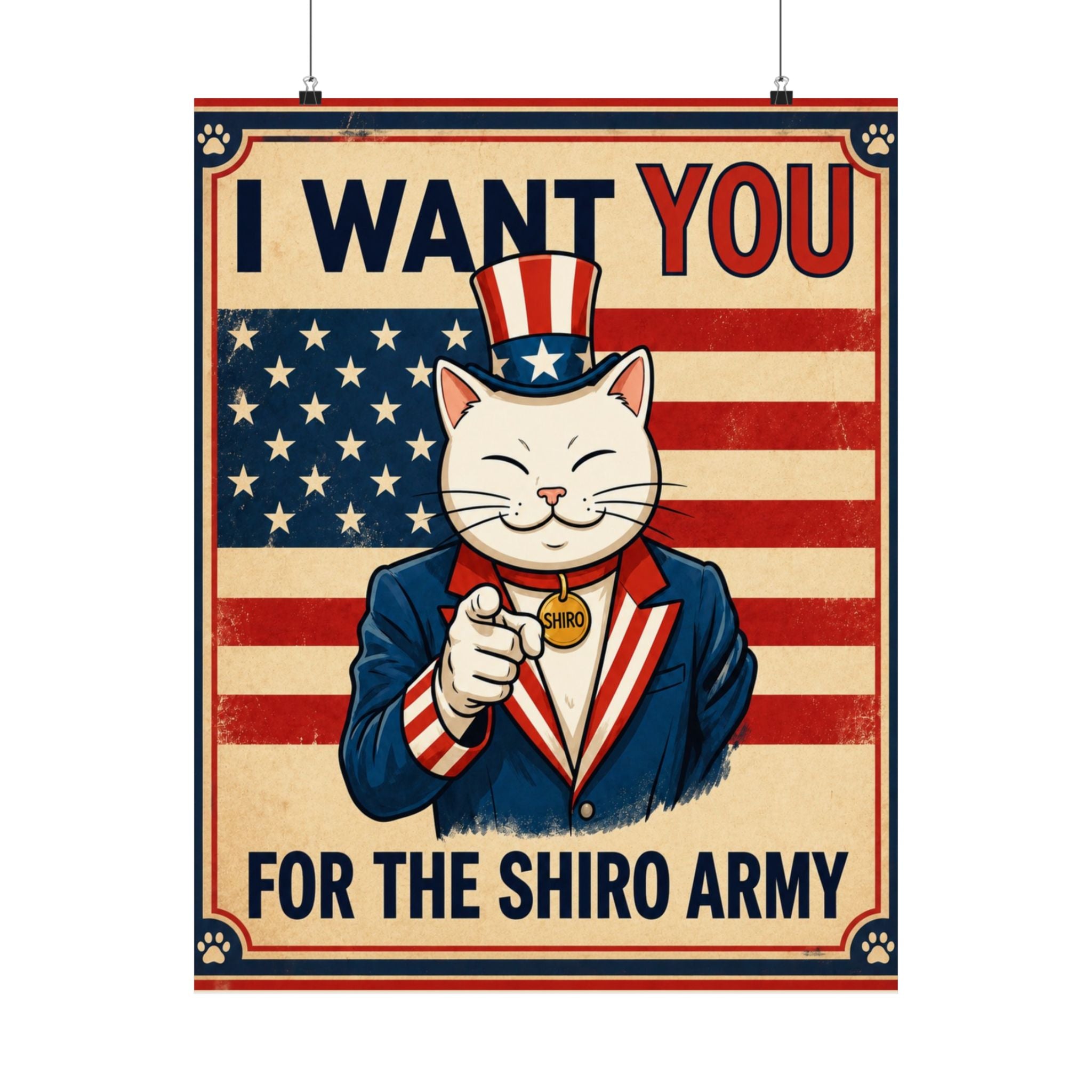 I Want You For The Shiro Army Matte Vertical Poster — Cute Patriotic Cat Recruitment Print